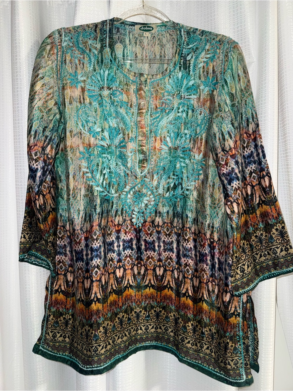 dolma womens L multicolor silk rayon embroidered 3/4 sleeve round neck tunic top